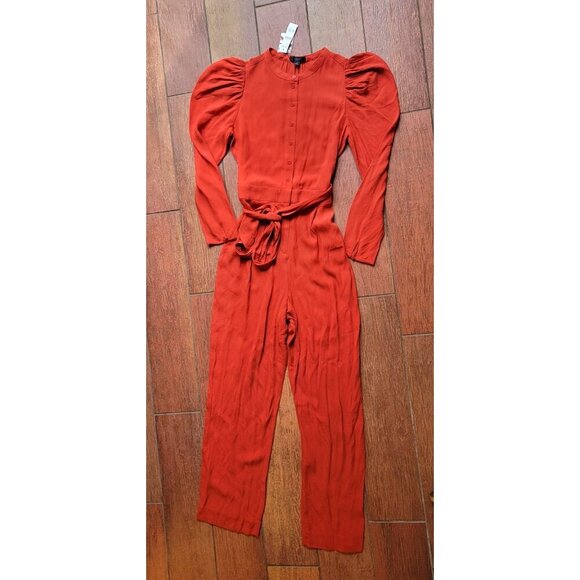 J CREW Puff Sleeve Casual Jumpsuit Straight Fit RED ORANGE Drapey Size 4 NEW - Picture 15 of 15